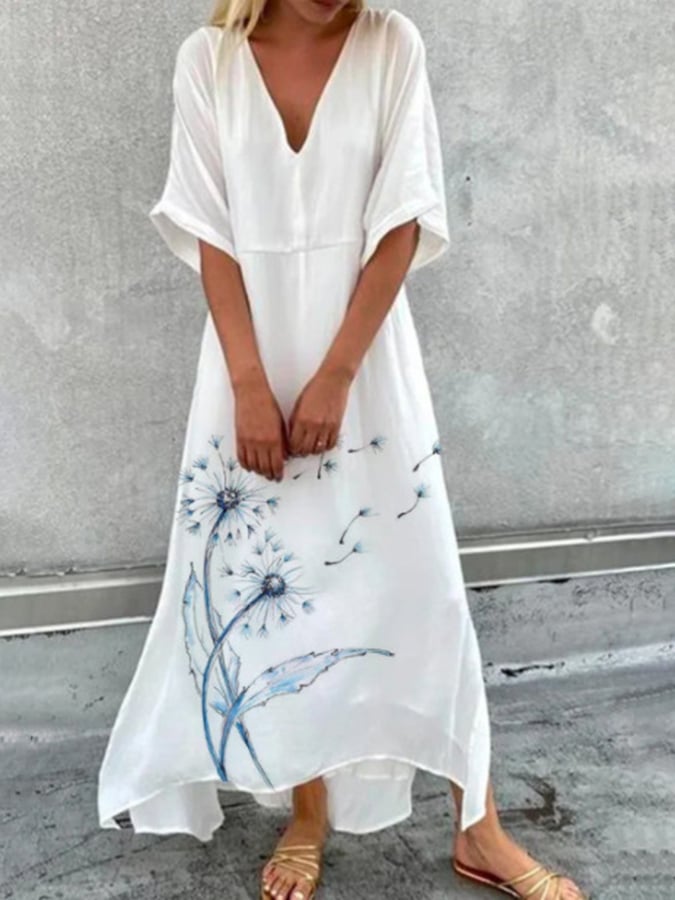 Cotton and Linen Print Casual Loose Dress