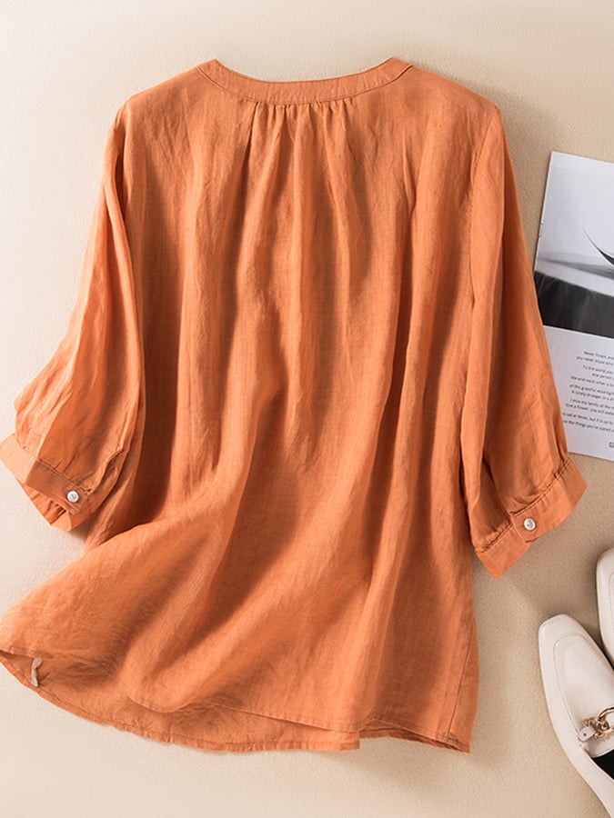 Lovevop Cotton Ethnic Style Embroidered Round Neck Loose Shirt