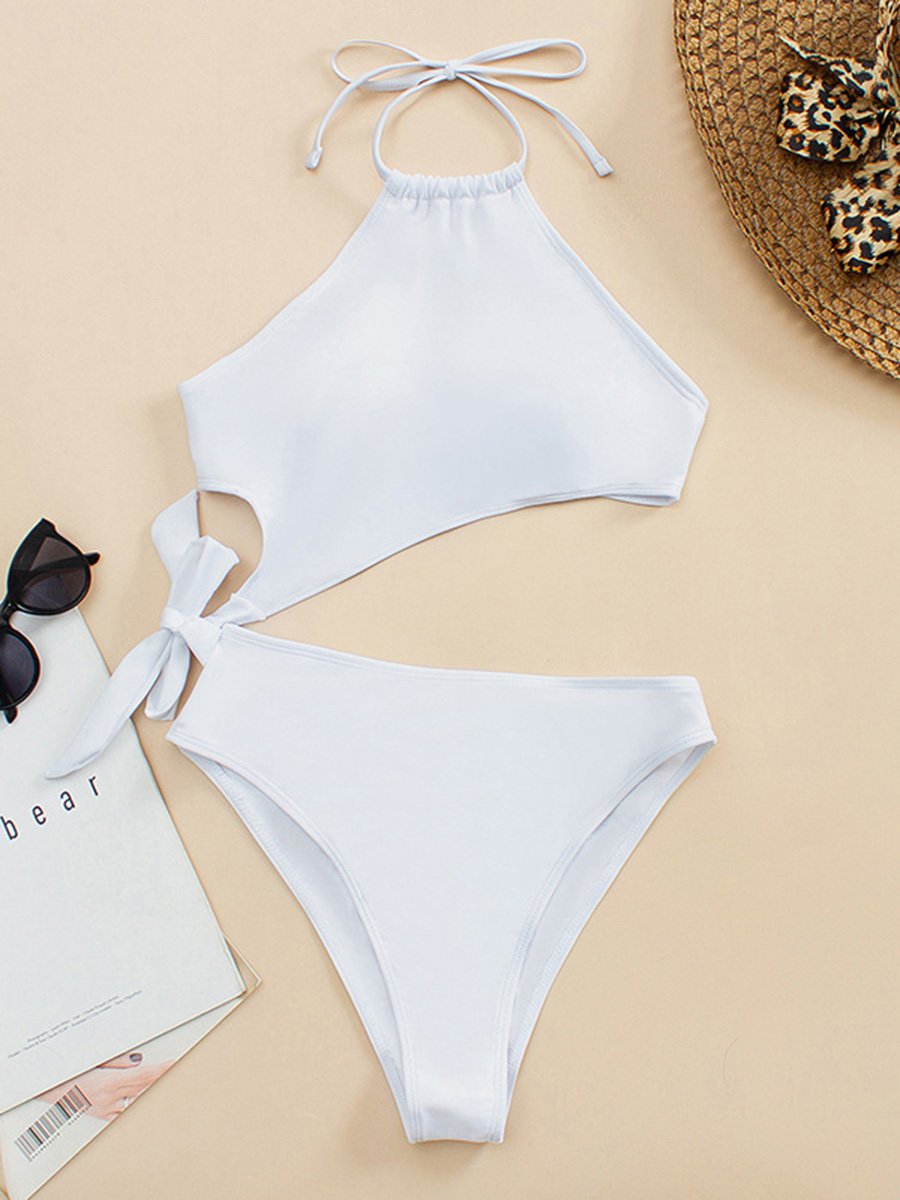 Solid Sexy Conservative High Split Swimsuit