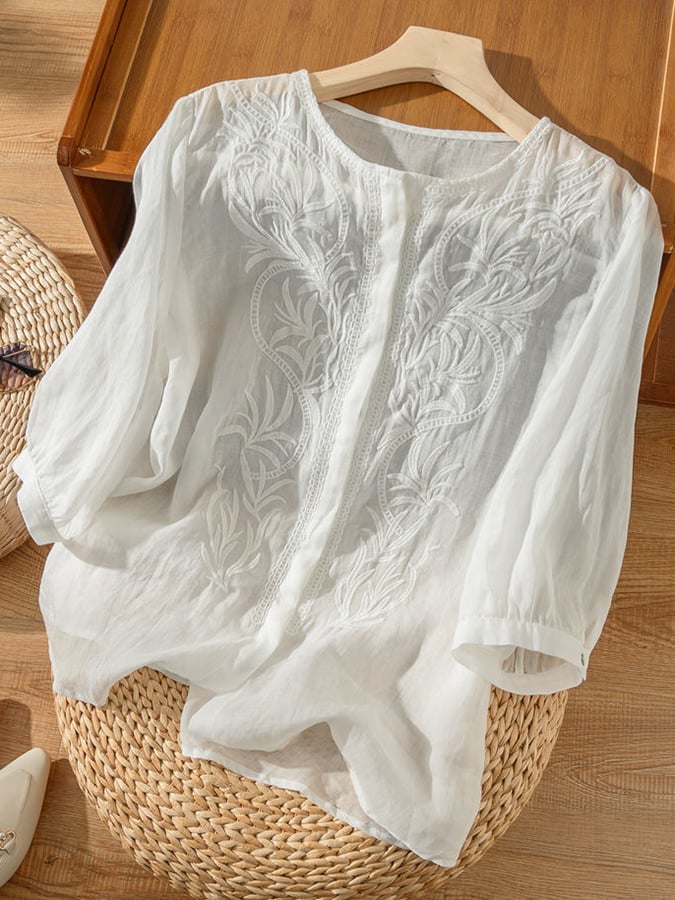 Lovevop Cotton Art Retro Round Neck Embroidered Shirt