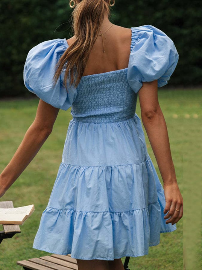 Women'S Solid Color Paneled Balloon Sleeve Layered Dress