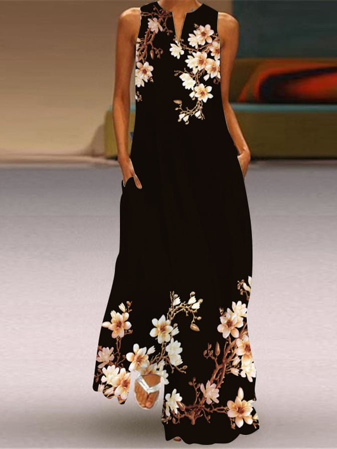 Women's Butterfly Flower Print V-neck Sleeveless Pocket Dress