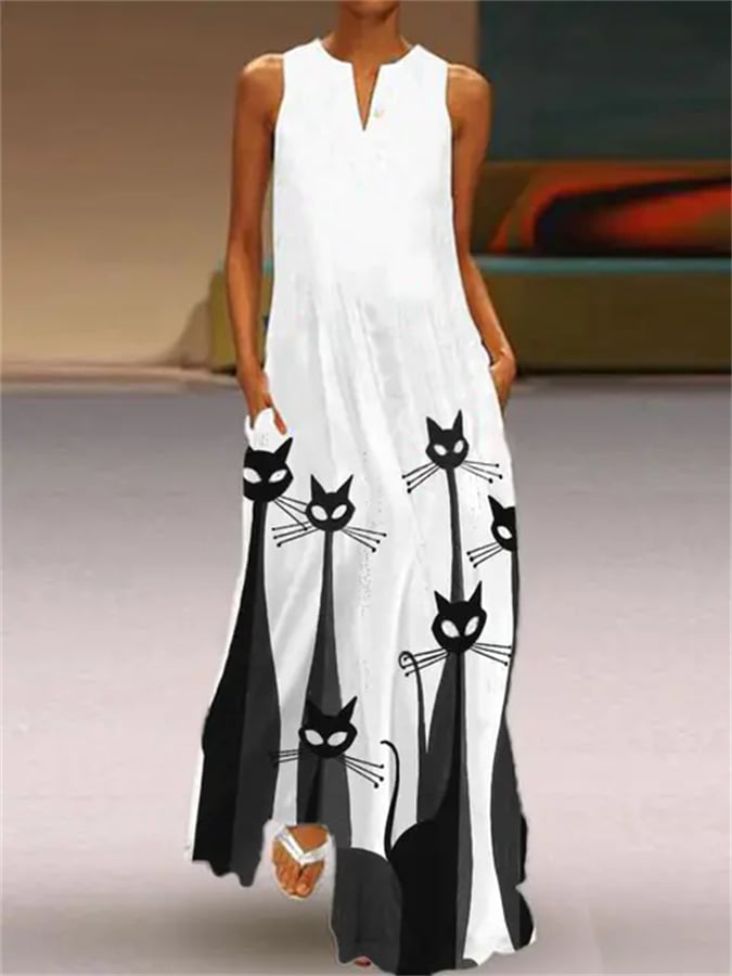 Casual Simple Cat Print Dress