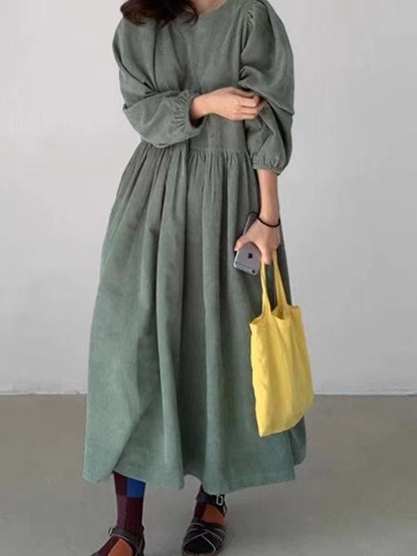 lovevop Loose Pleated High Waist Puff Sleeve Corduroy Dress