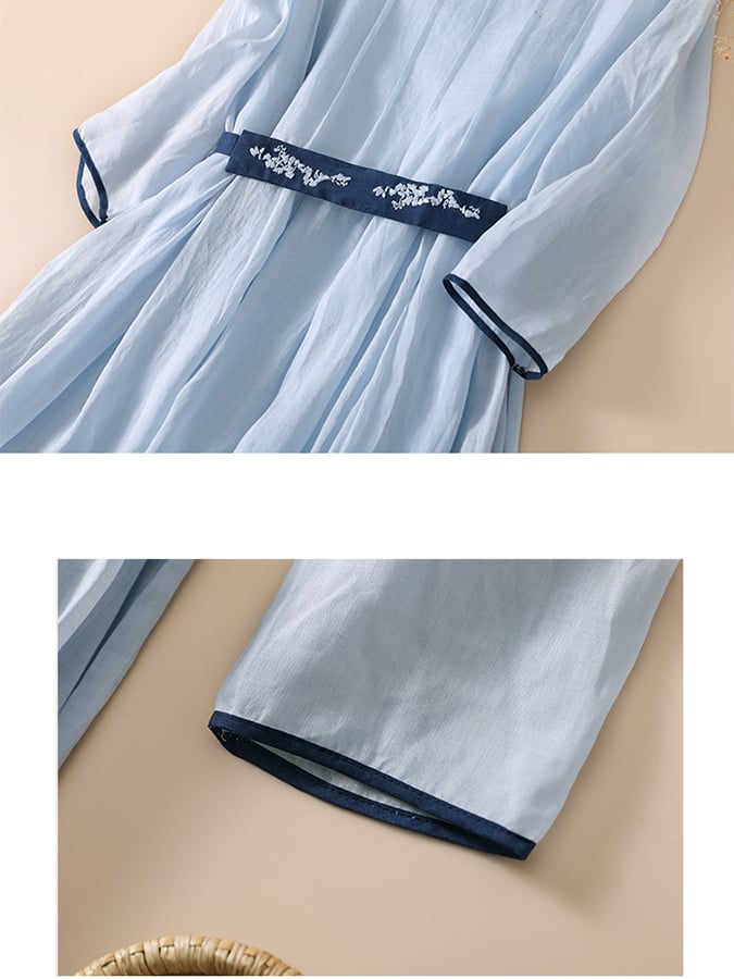 Lovevop Cotton And Linen Fashion Loose Embroidery Waist Slimming Mid-Length Dress