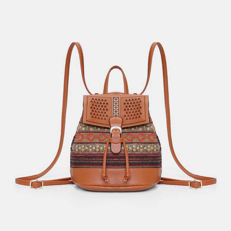 lovevop Women Hollow Stitching Ethnic Style Straw Bag Backpack Woven Shoulder Bag Bucket Bag