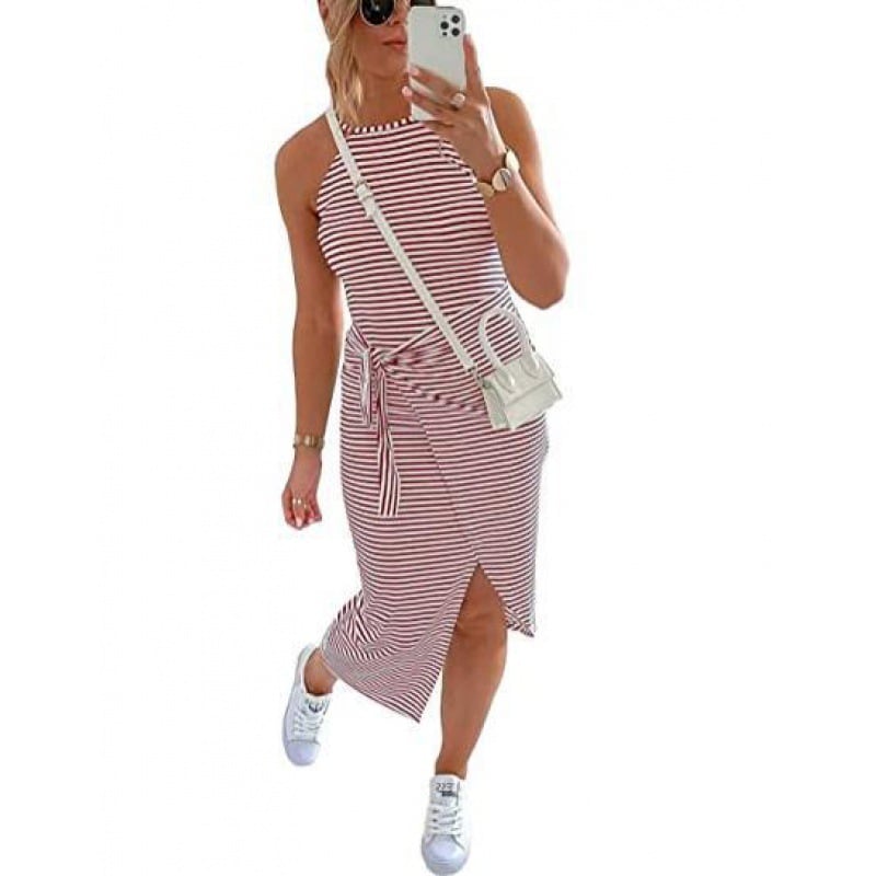 🔥Summer Hot Sale 😊Casual Sleeveless Striped Midi Dresses