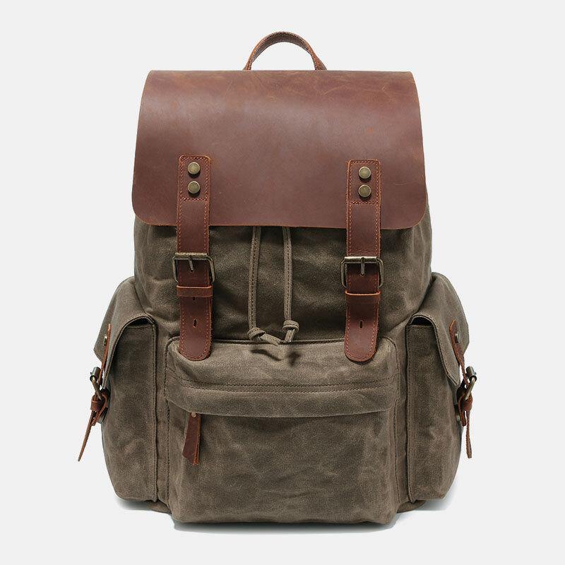 lovevop Men Canvas Genuine Leather Cowhide Retro Large Capacity 14 Inch Laptop Bag Waterproof Backpack