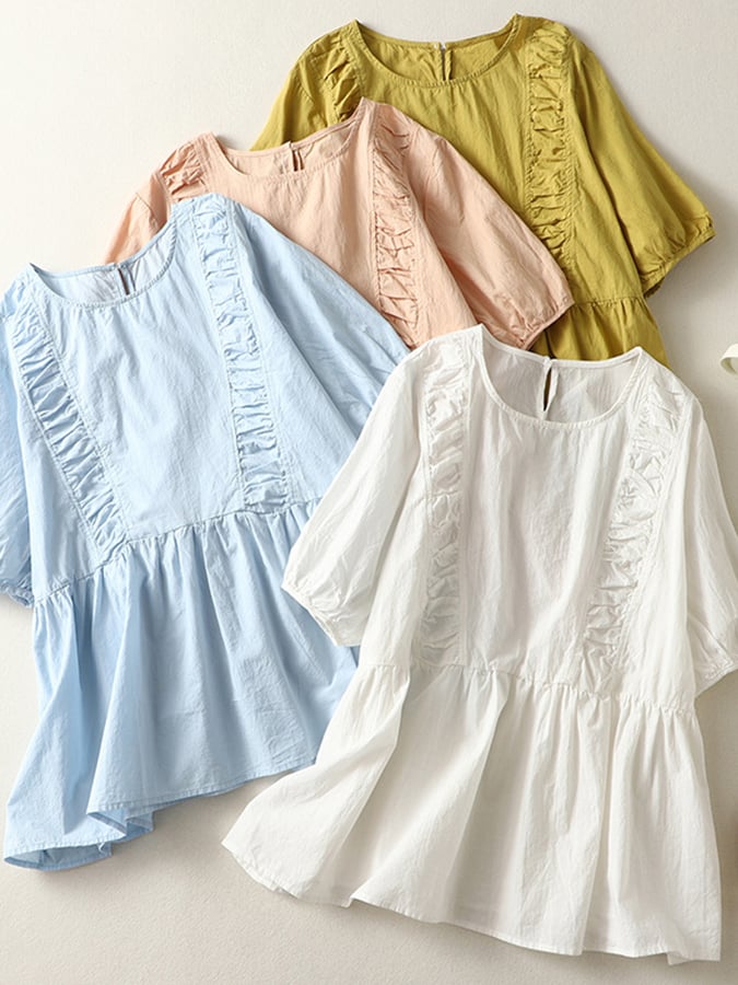 Lovevop Round Neck Pleated Loose Thin Shirt