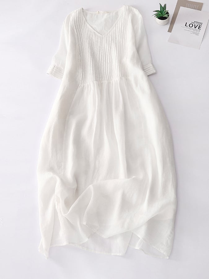 Lovevop Elegant Pleated Loose Cotton Linen Dress