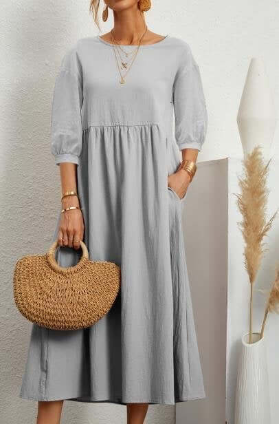 Women's Lantern Sleeve Cotton And Linen Summer Dress