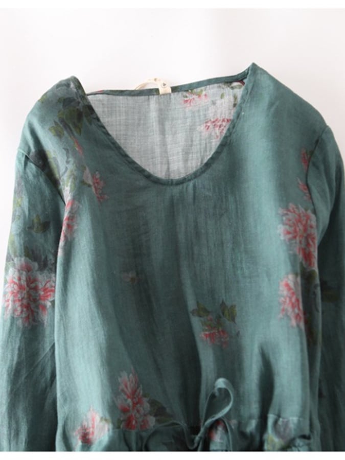 Lovevop Retro Art Cotton Linen Printed Waistband Dress