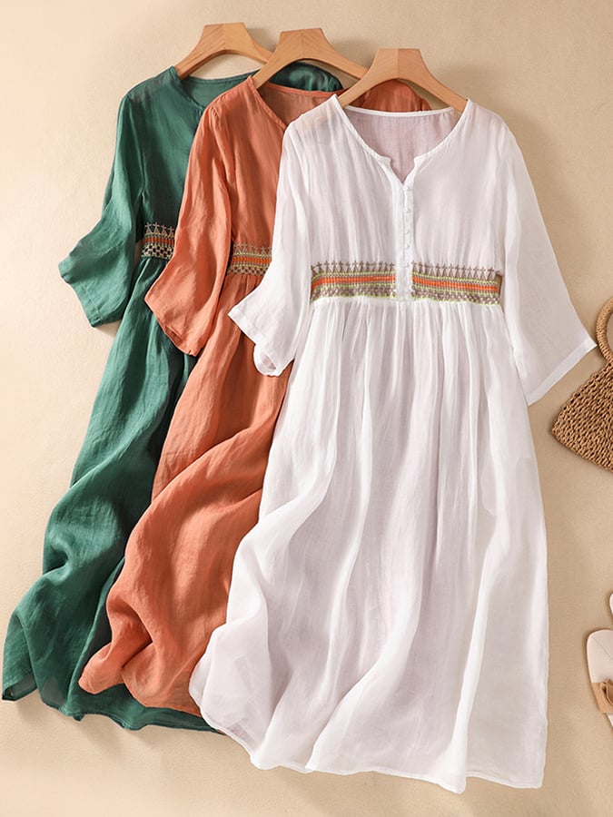 Cotton And Linen Patchwork Embroidered Dress