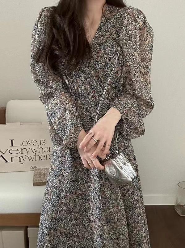 lovevop V Neck Floral Puff Sleeve Long Dress