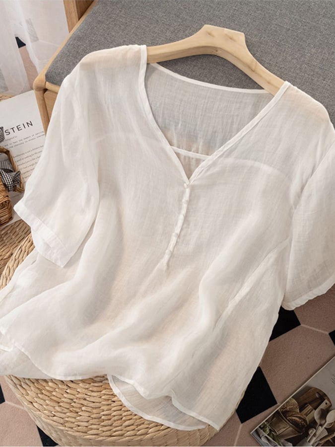 Lovevop Solid Color Fashionable V-Neck Short Sleeved Shirt