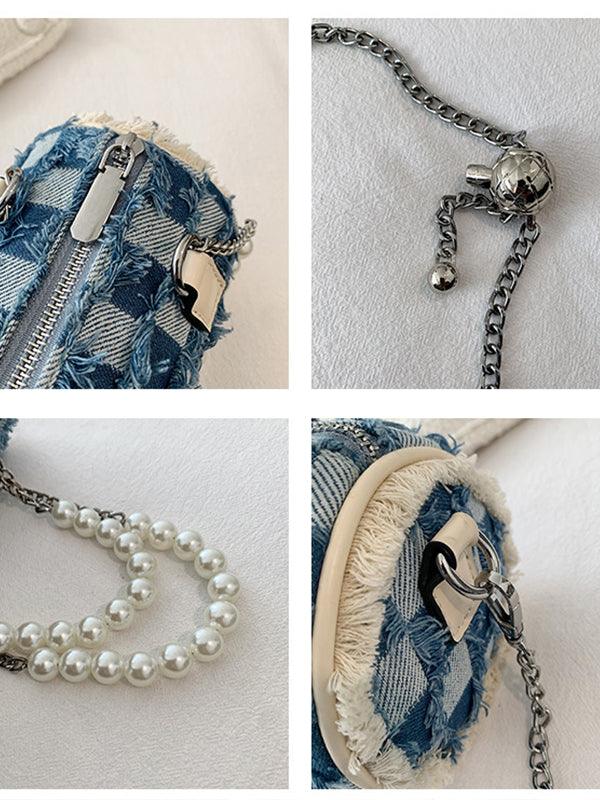 lovevop Stylish Pearl Chain Panel Denim Bag