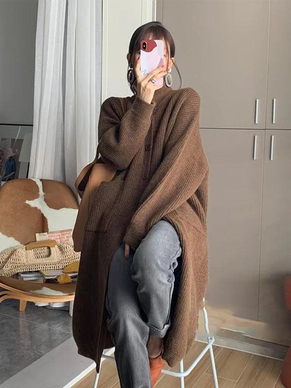 lovevop Solid Color Coat Mid Length Turtleneck Cardigan Sweater