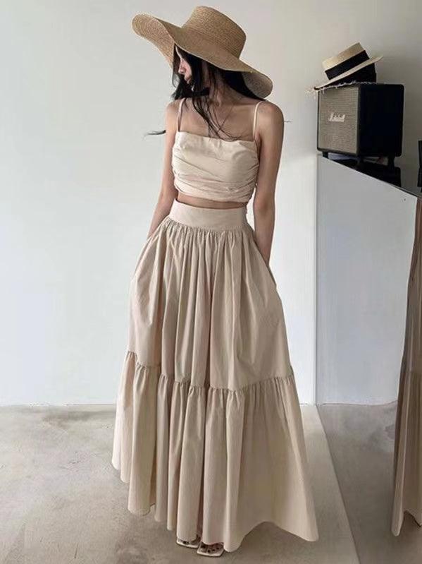 lovevop Elegant Ruffled Camisole+high Waist A-line Skirt 2 set
