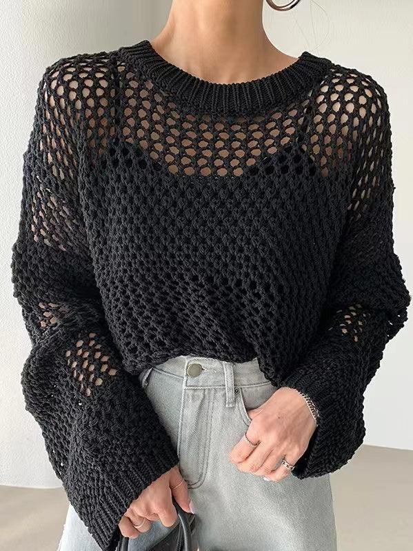 lovevop Hollow Long Sleeve Sunscreen Knit Sweater