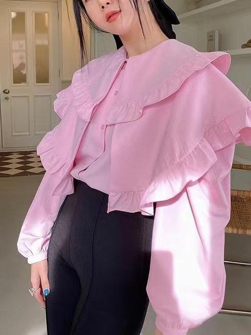lovevop Pink Ruffle Puff Sleeve Shirt