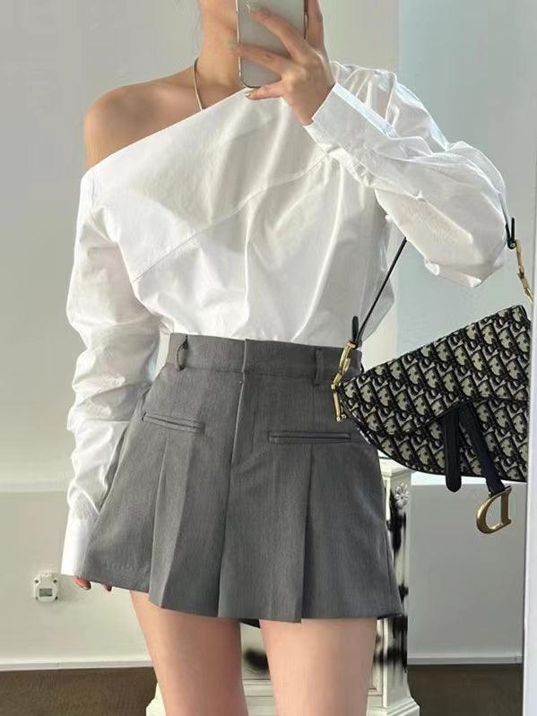 lovevop Lrregular Long-Sleeved Shirt + High-Waisted Wide-Leg Shorts