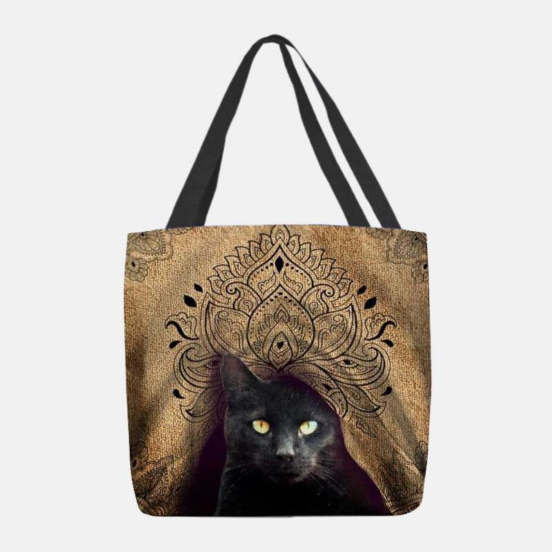 lovevop Women Canvas Cute Black Cat Pattern Handbag Tote Shoulder Bag