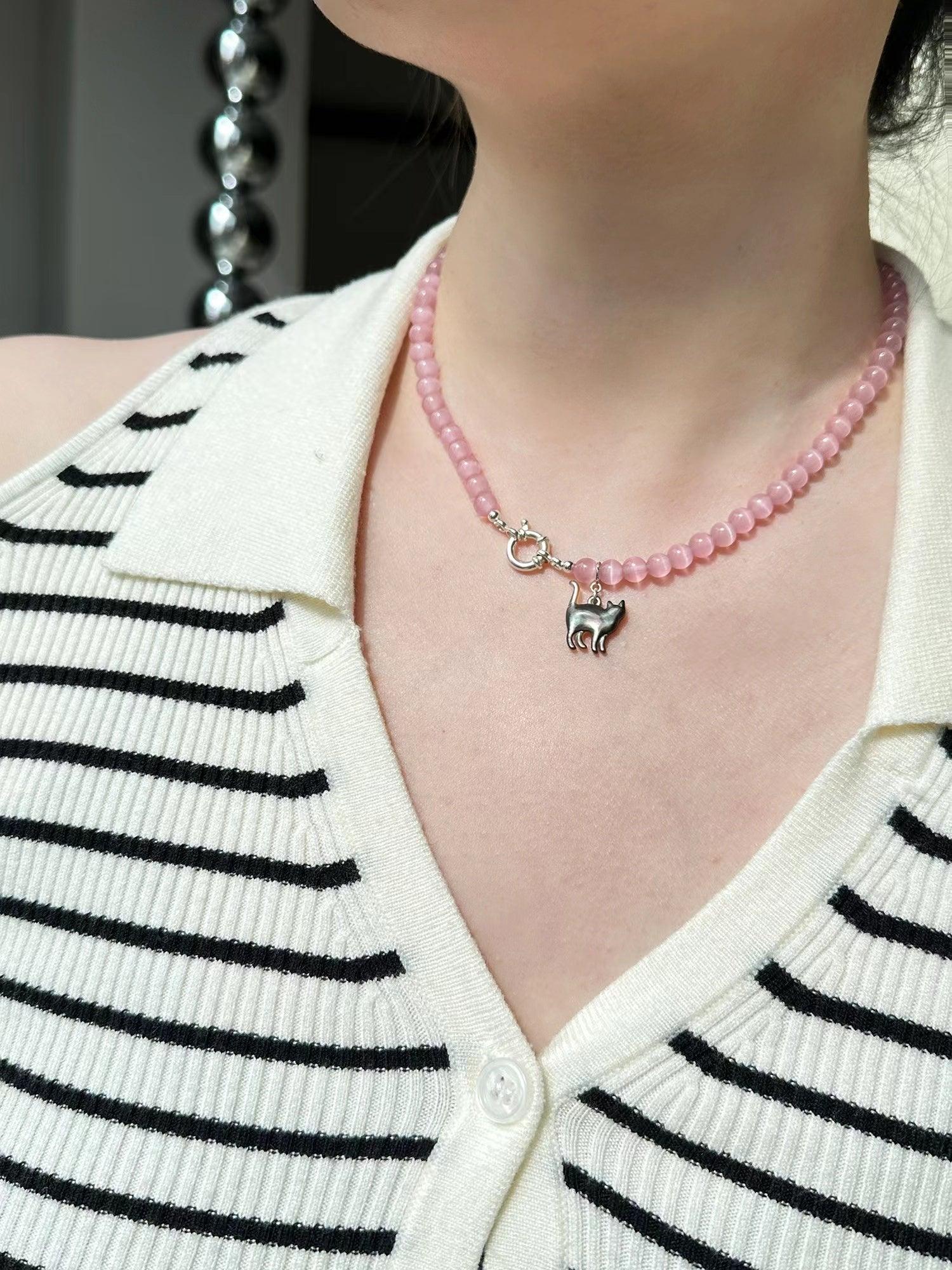 lovevop Original Cat Silver Pink Opal Necklace