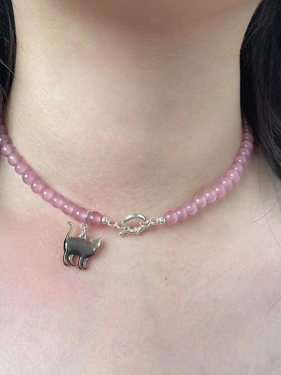 lovevop Original Cat Silver Pink Opal Necklace