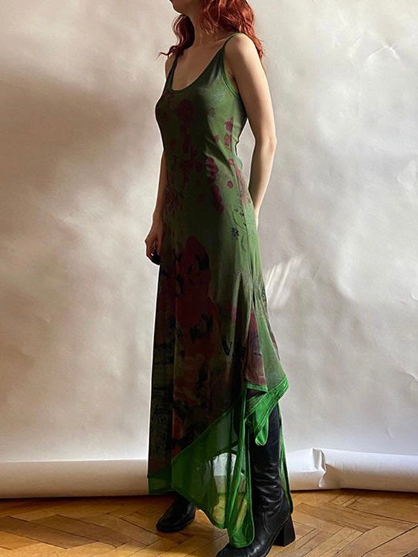 lovevop Vintage Green Irregular Slip Long Dress