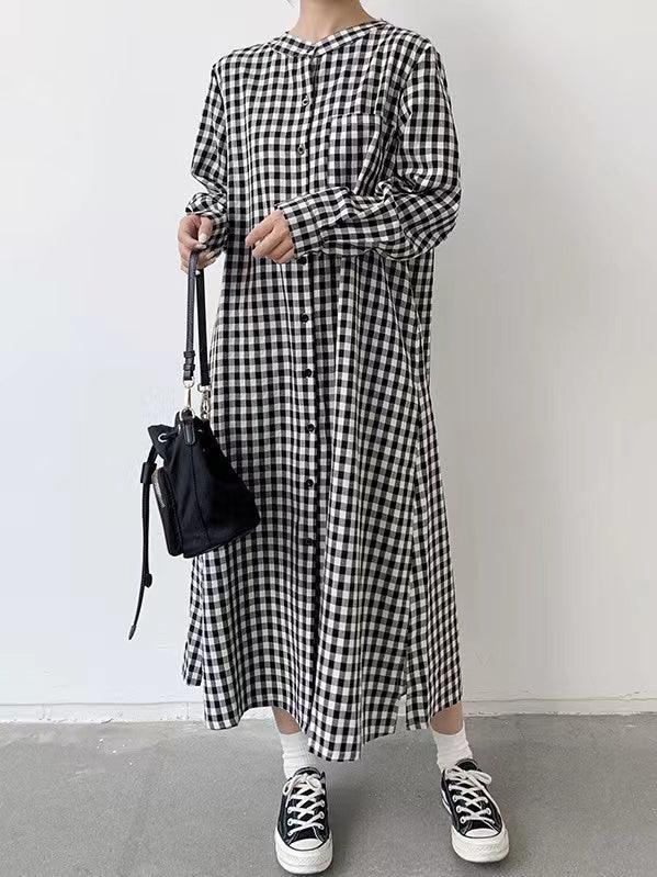 lovevop Simple Loose Plaid Long Dress