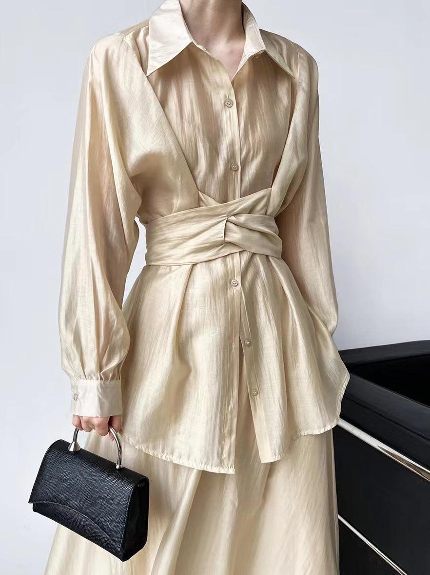 lovevop Cross Tie Waist Light Slik Shirt&Skirt 2-Pieces Set