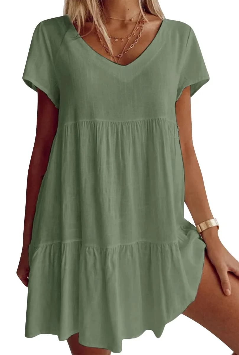 V-neck casual short-sleeved woven dress-Buy 2 Free Shipping