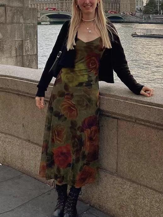 lovevop Vintage Floral Print V-Neck Slip Dress