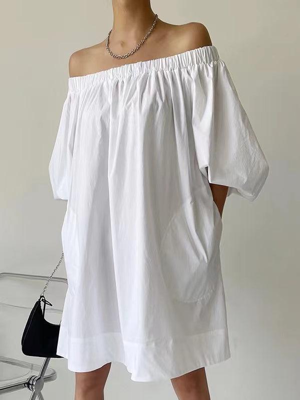 lovevop White One-shoulder Puff Sleeve Cotton Dress