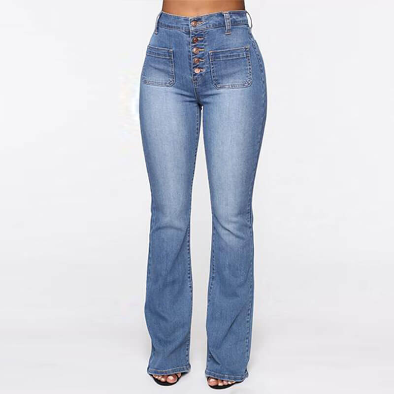 Ladies Jeans Buckle Patch Pocket Washed Trousers Jeans