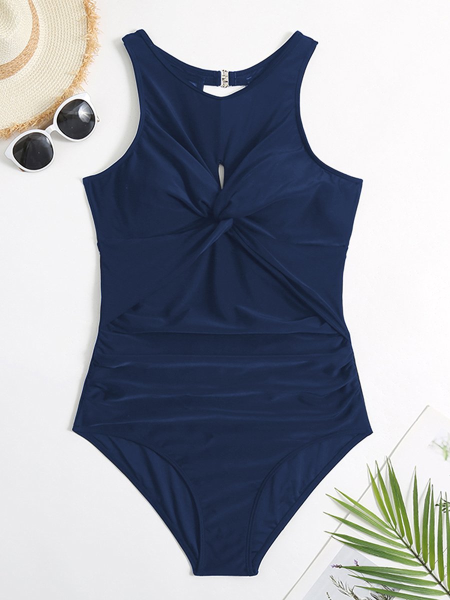 Solid Cut Out Crossover One Piece Swimsuit