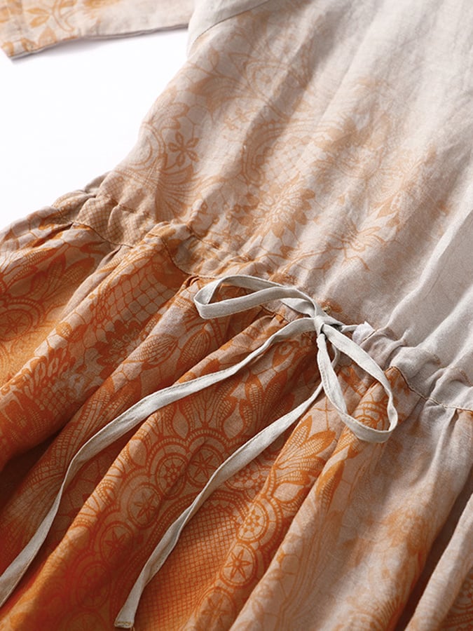 Lace Up Ramie V-neck Medium Sleeved Cotton And Linen Dress