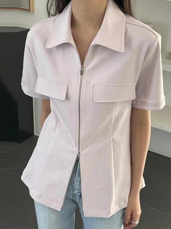 lovevop Lapel Collar Double Zipper False Pocket Short Sleeve Shirt