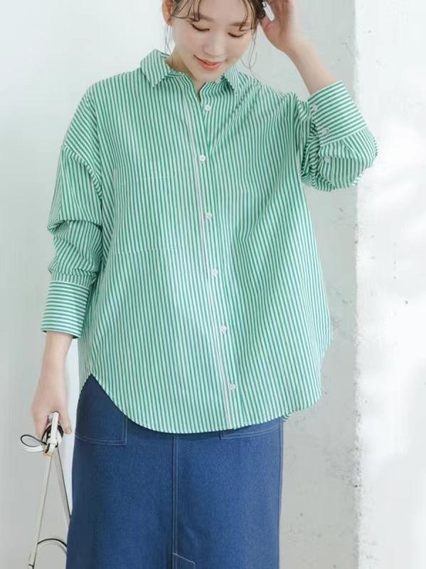 lovevop Lapel Collar Niche Striped Loose Long-Sleeved Shirt