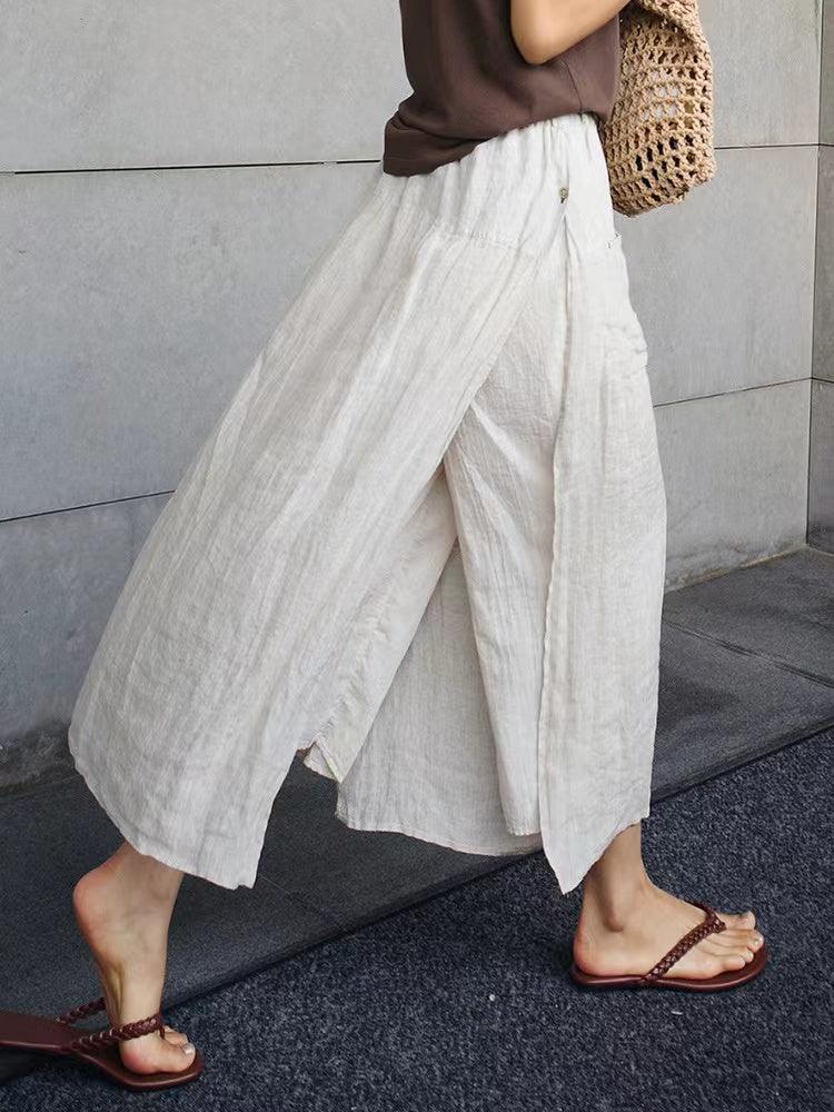 lovevop 100% Linen Cotton Wide-Leg Skirt Pants
