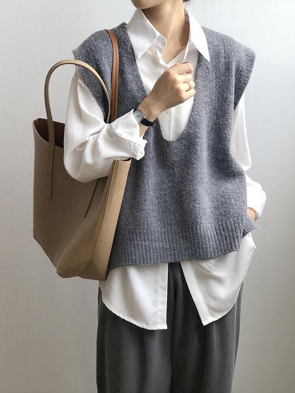 lovevop Knitting Irregularity Solid V-Neck Vest