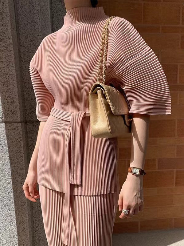 lovevop High-neck Pleated Tie-waisted Chiffon Shirt