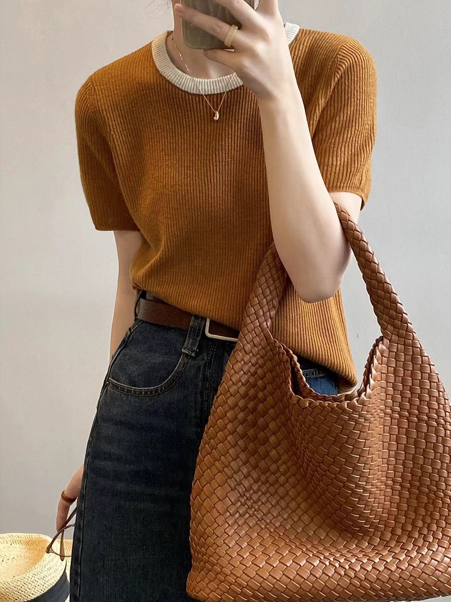 lovevop Contrast Color Crew Neck Knitted T-Shirt