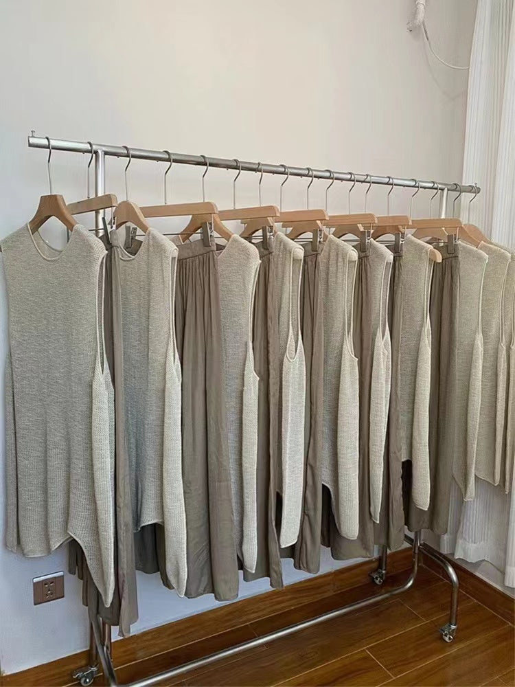 lovevop Comfy Knitted Long Vest&Wide-Leg Pants 2-sets Suit