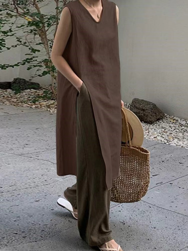 lovevop Linen Slit Sleeveless Simple Dress