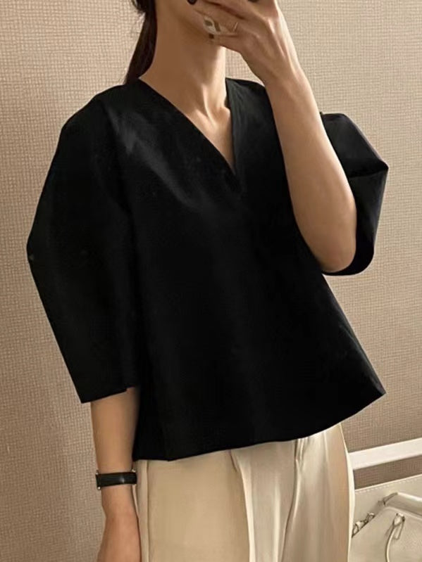 lovevop V-Neck Back Slit Simple Shirt