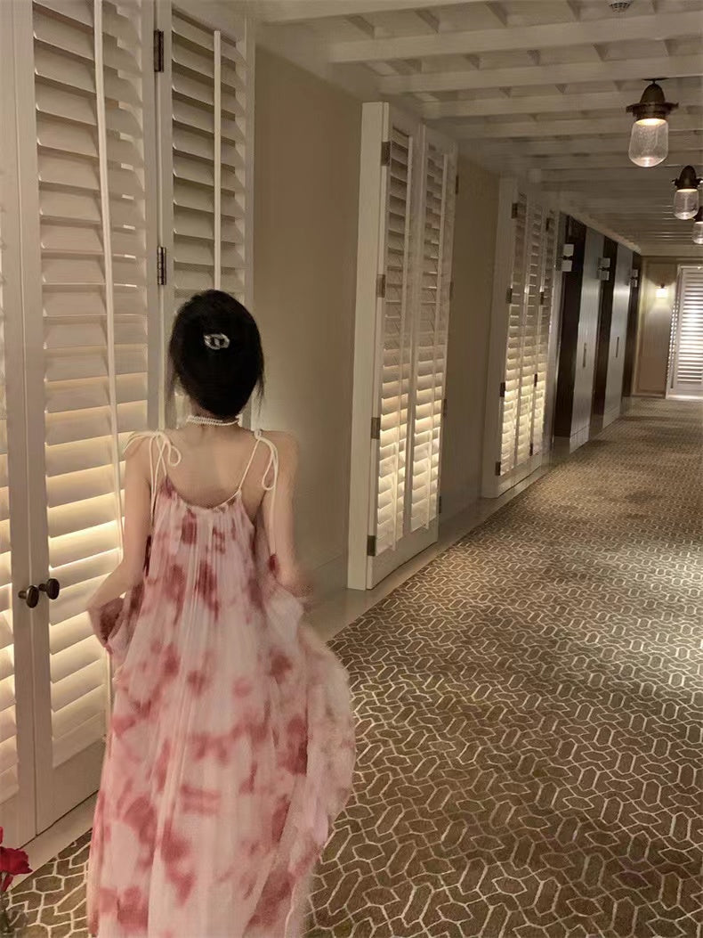 lovevop Tie-Dye Big Hem Ruffled Sling Dress