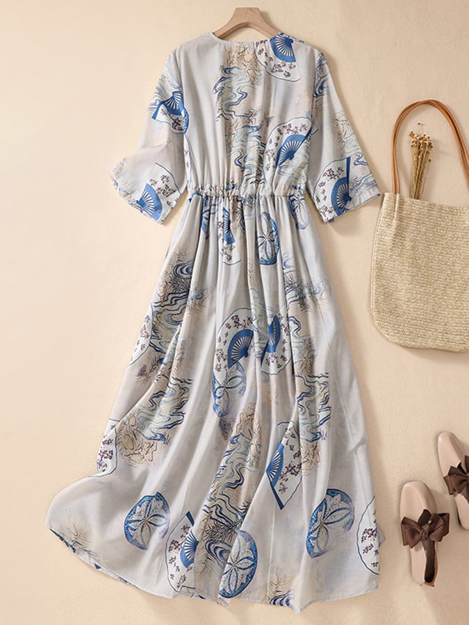 Lovevop Printed Loose Lace Up Waist Button Dress