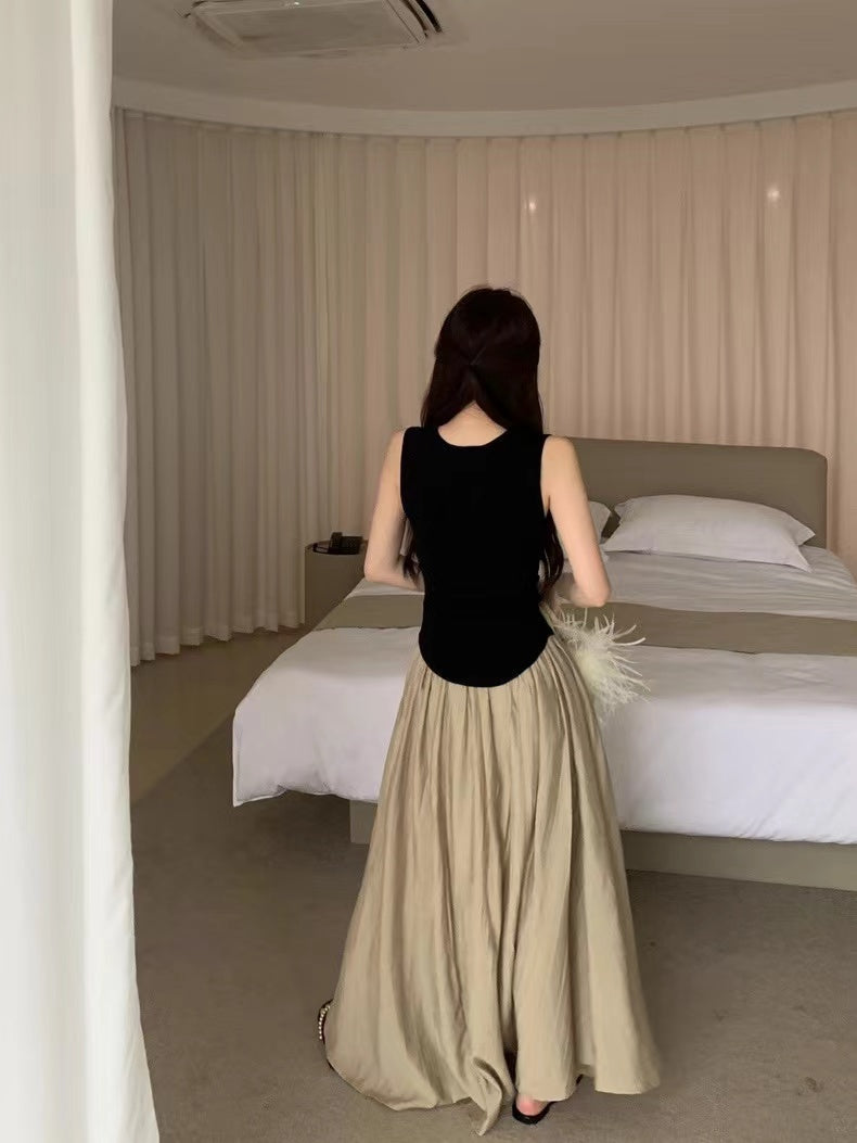 lovevop Comfy Black V-neck Knitted Vest&Wide-Leg Pants 2-sets Suit