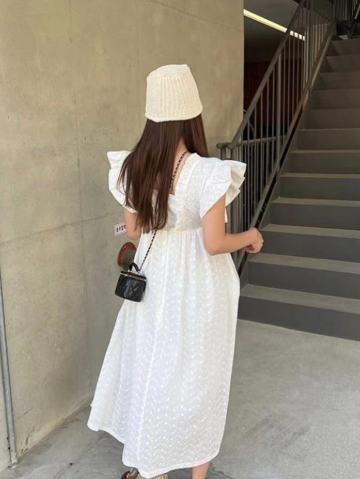 lovevop French Gentle White Polka Dot Small Flying Sleeve Dress